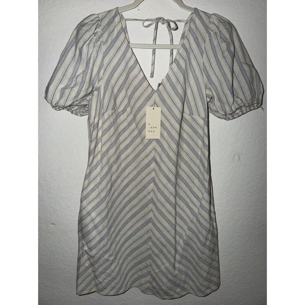 A New Day White Blue Striped Puff Sleeve Tie‑Back Summer Mini Dress S NWT